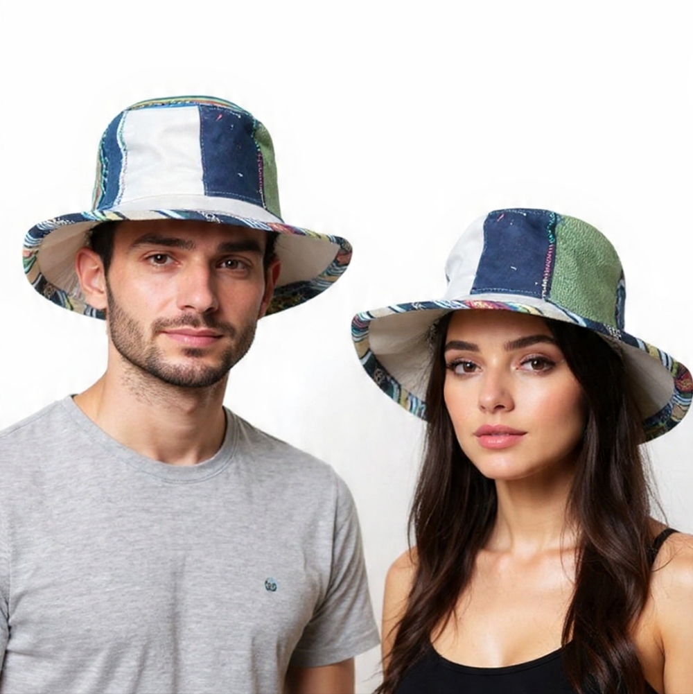 Handmade Hemp Patchwork Sun Hat: Unisex Hippie Style - Picture 2 of 10